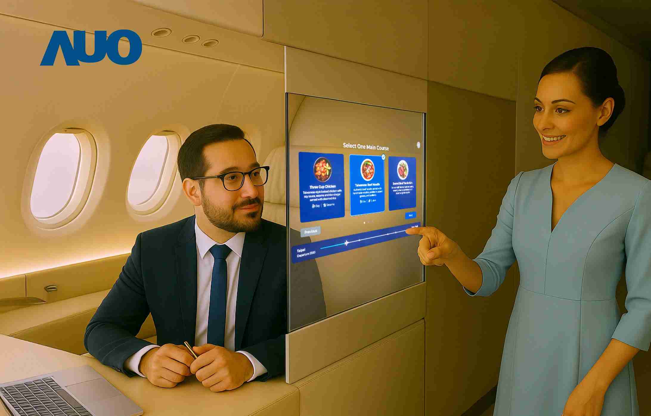 银河集团研发全球最薄17.3 吋双面透明 Micro LED 显示器，，可在同一屏幕之双边投射不同信息，，创造独特的”透明化”互动；图为实时翻译交流应用情境